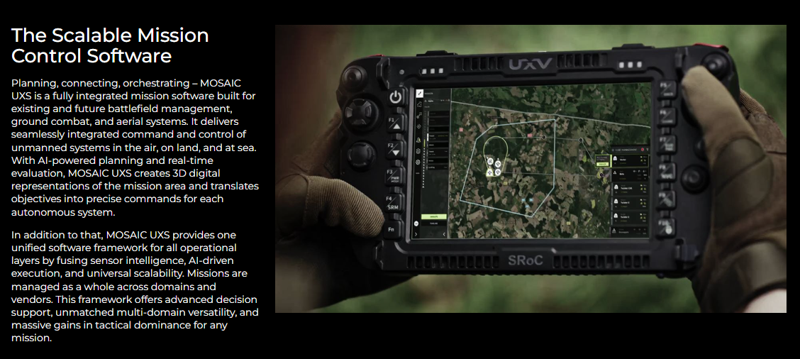 MOSAIC UXS — Quantum Systems scalable mission control software integrated with Palantir Maven Smart System, shown on ruggedized battlefield tablet